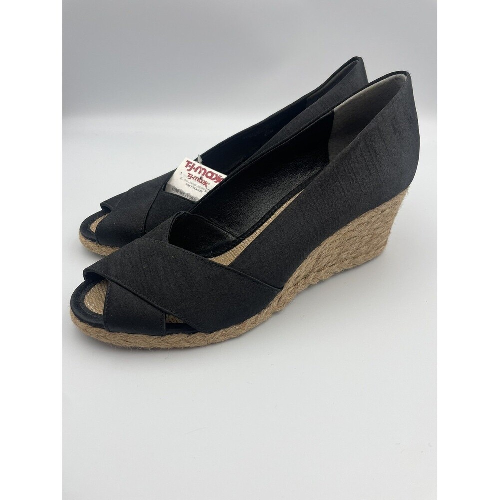 Circa Joan David Wedge Heels Open Toe Closed Heel Strap Black Womens 8.5 NEW